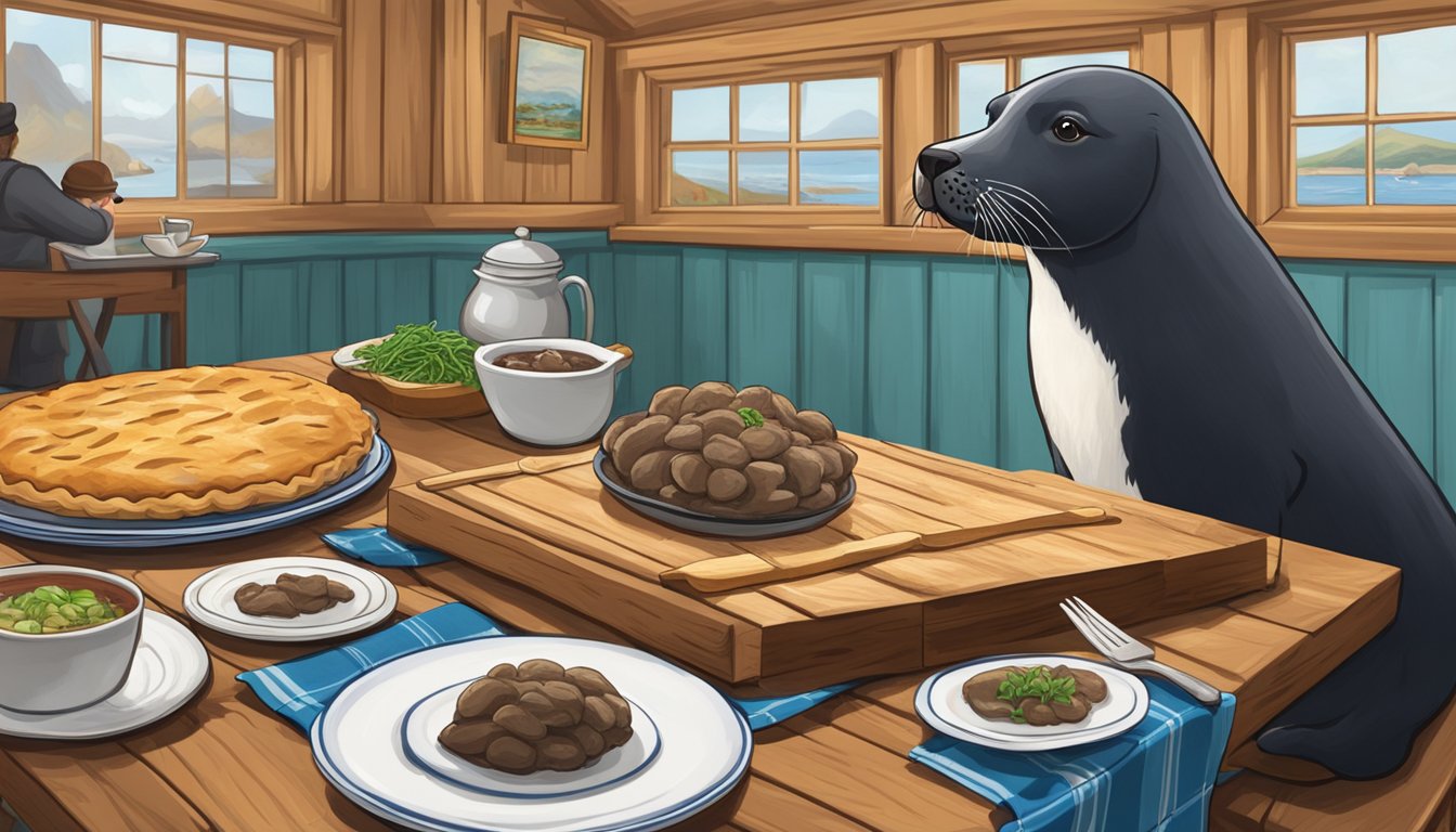 A seal flipper pie being served on a wooden table with traditional Newfoundland decor in the background