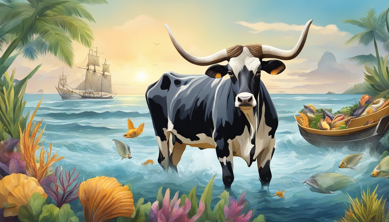 A zebu, a type of humpbacked cattle, emerges from the sea, surrounded by exotic seafood from around the world