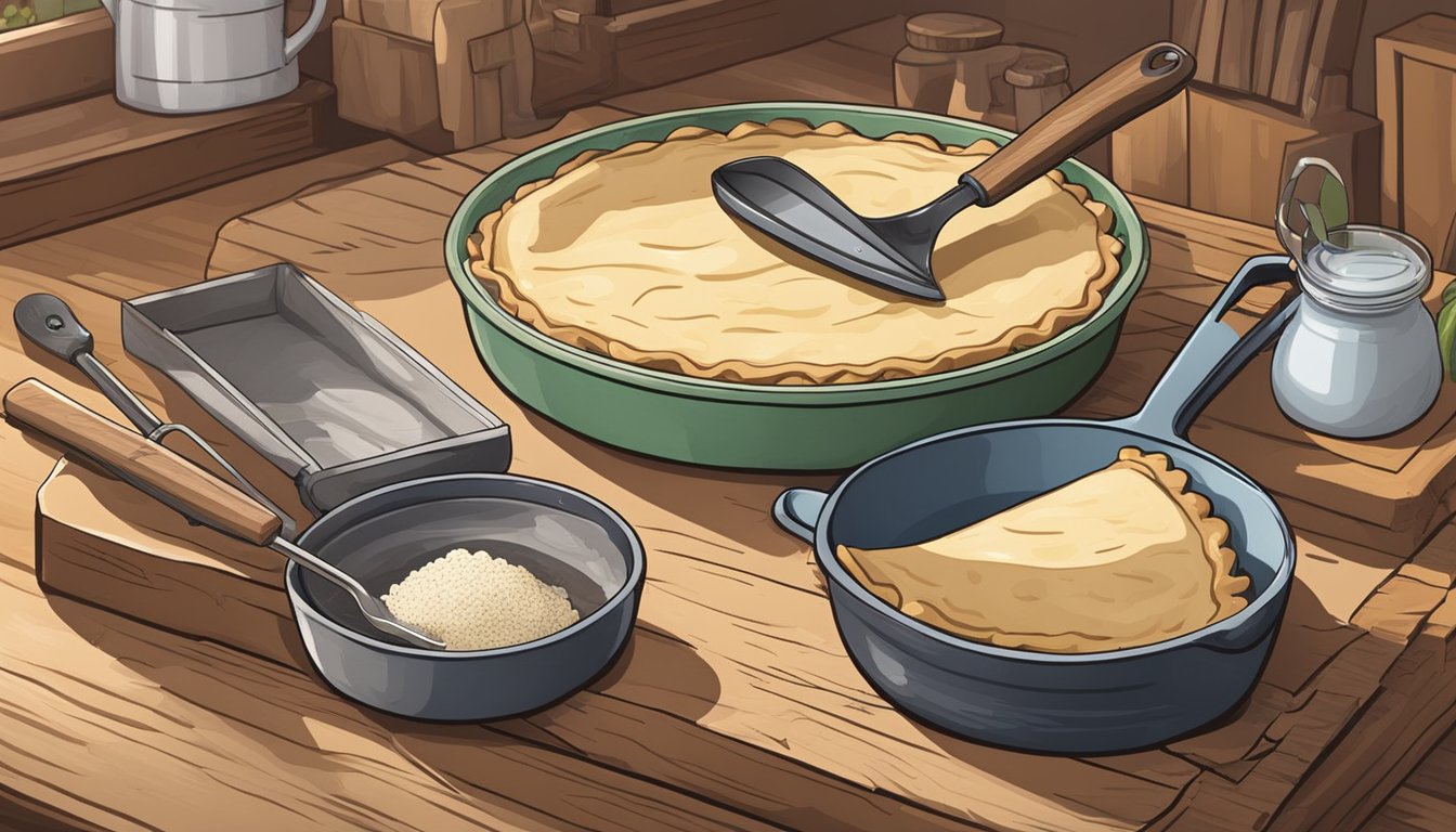 A seal flipper pie being prepared in a rustic kitchen with a wooden table, various cooking utensils, and a seal flipper being seasoned and prepared for baking