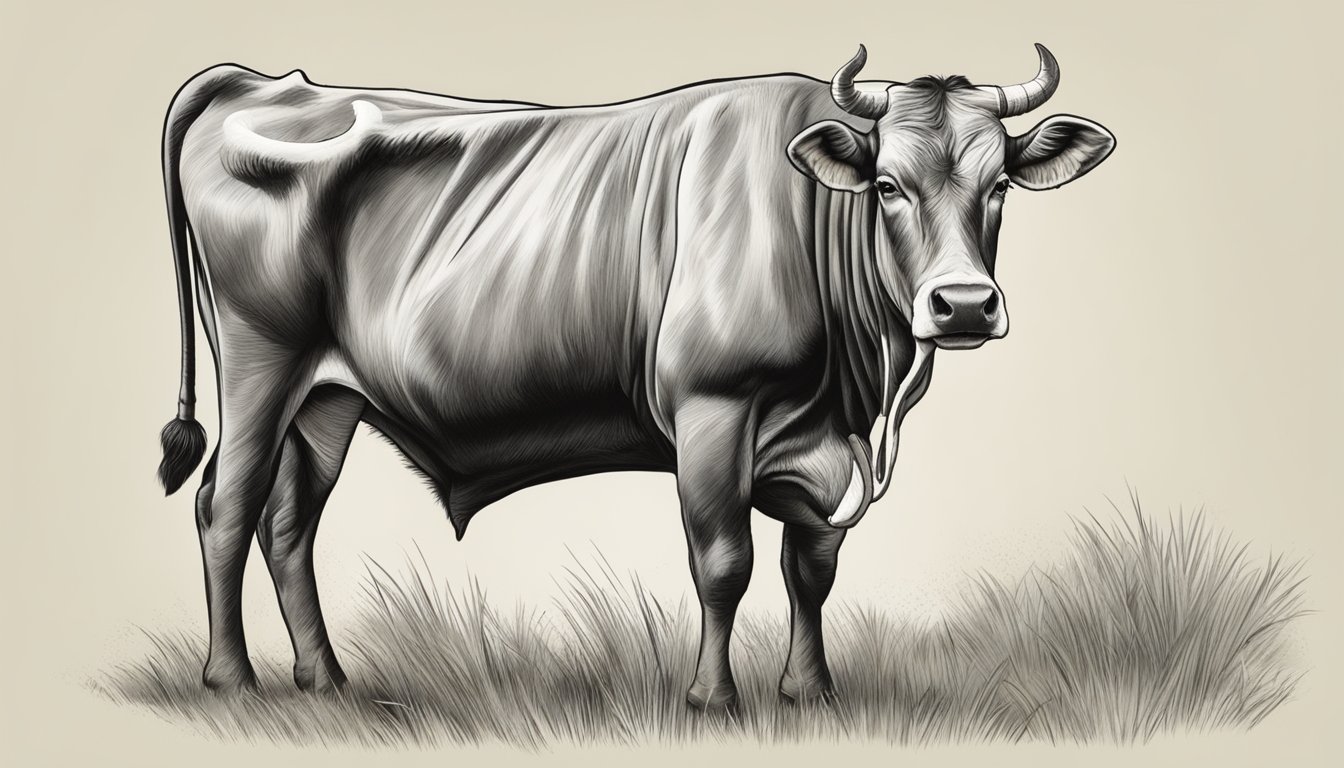 A zebu standing in a grassy field, its large hump and distinctive horns making it a unique subject for an illustration of exotic meats and their dishes