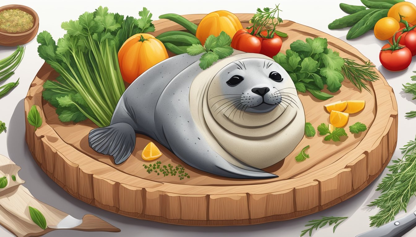 A seal flipper pie surrounded by various ingredients like herbs, vegetables, and a pie crust on a wooden cutting board