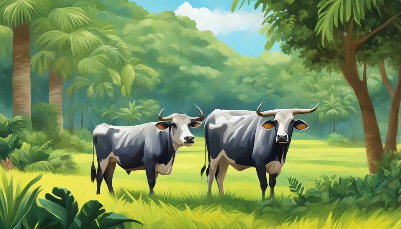 A zebu grazing in a lush, tropical pasture, surrounded by exotic plants and vibrant wildlife