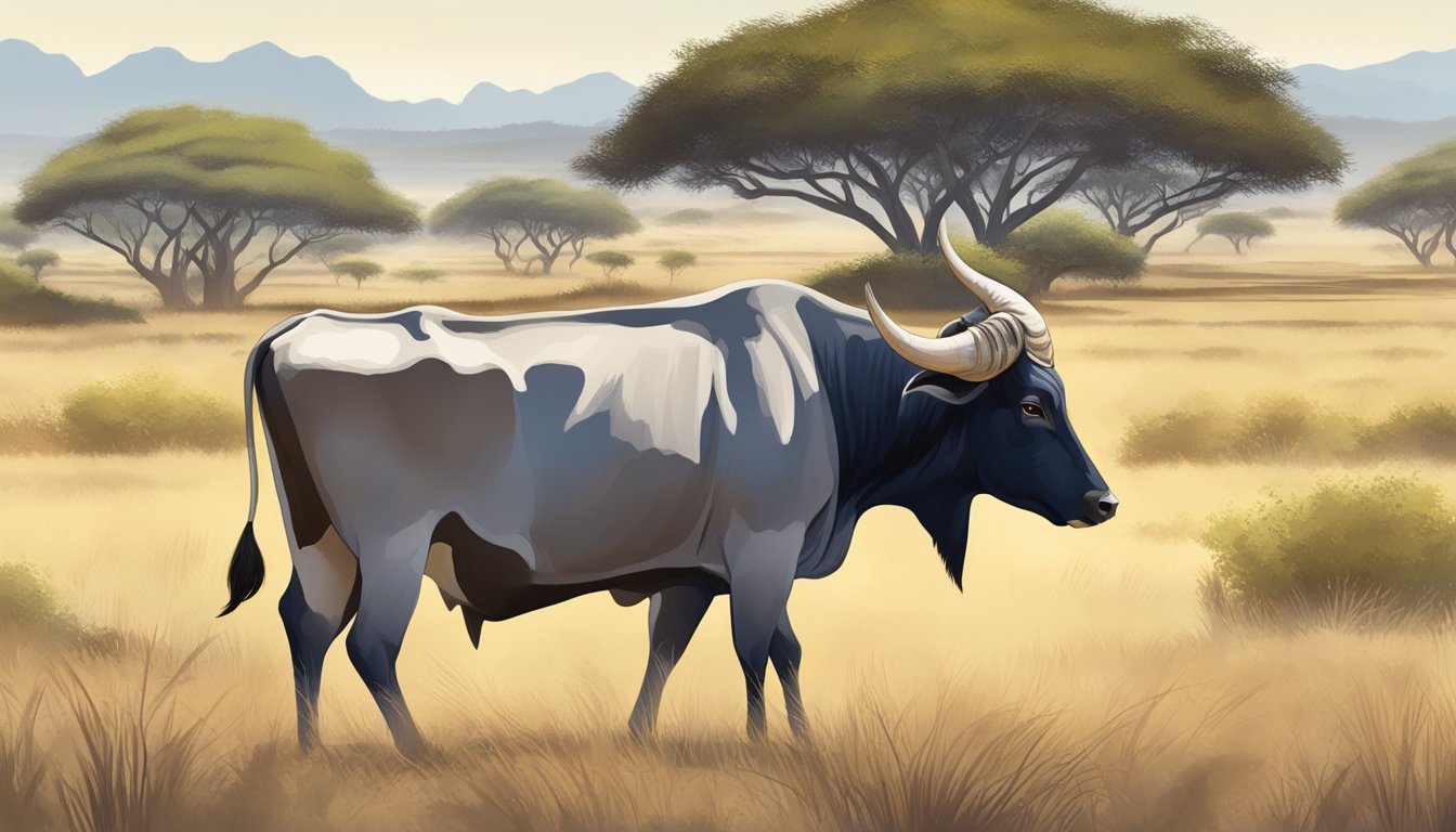 A zebu with a large hump grazing in a grassy savanna surrounded by acacia trees