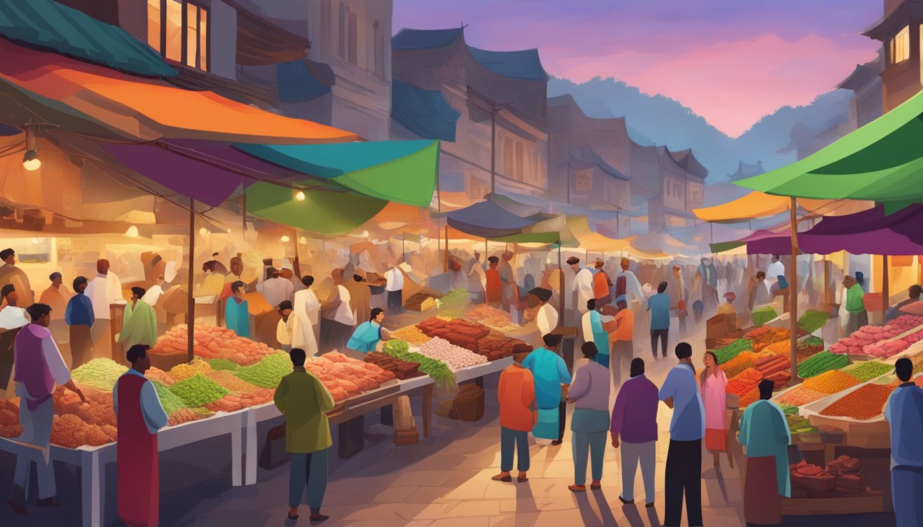 A bustling marketplace with vendors selling zebu meat and exotic spices, surrounded by curious onlookers and colorful stalls