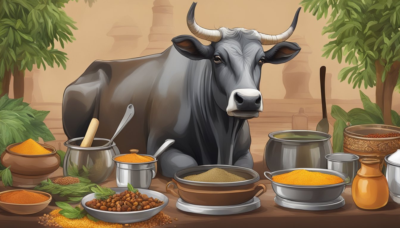 A zebu hump being prepared for a traditional feast, surrounded by local spices and cooking utensils