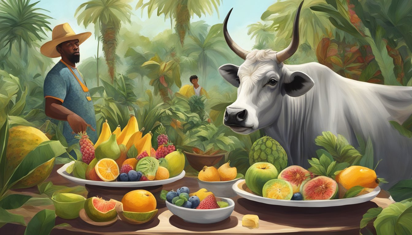 A zebu being served on a plate, surrounded by exotic fruits and plants, with curious onlookers and a sense of unease in the air