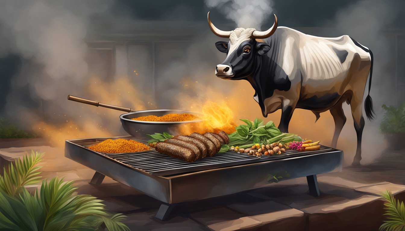 A zebu hump sizzling on a grill, surrounded by exotic spices and herbs, with steam rising and enticing aroma