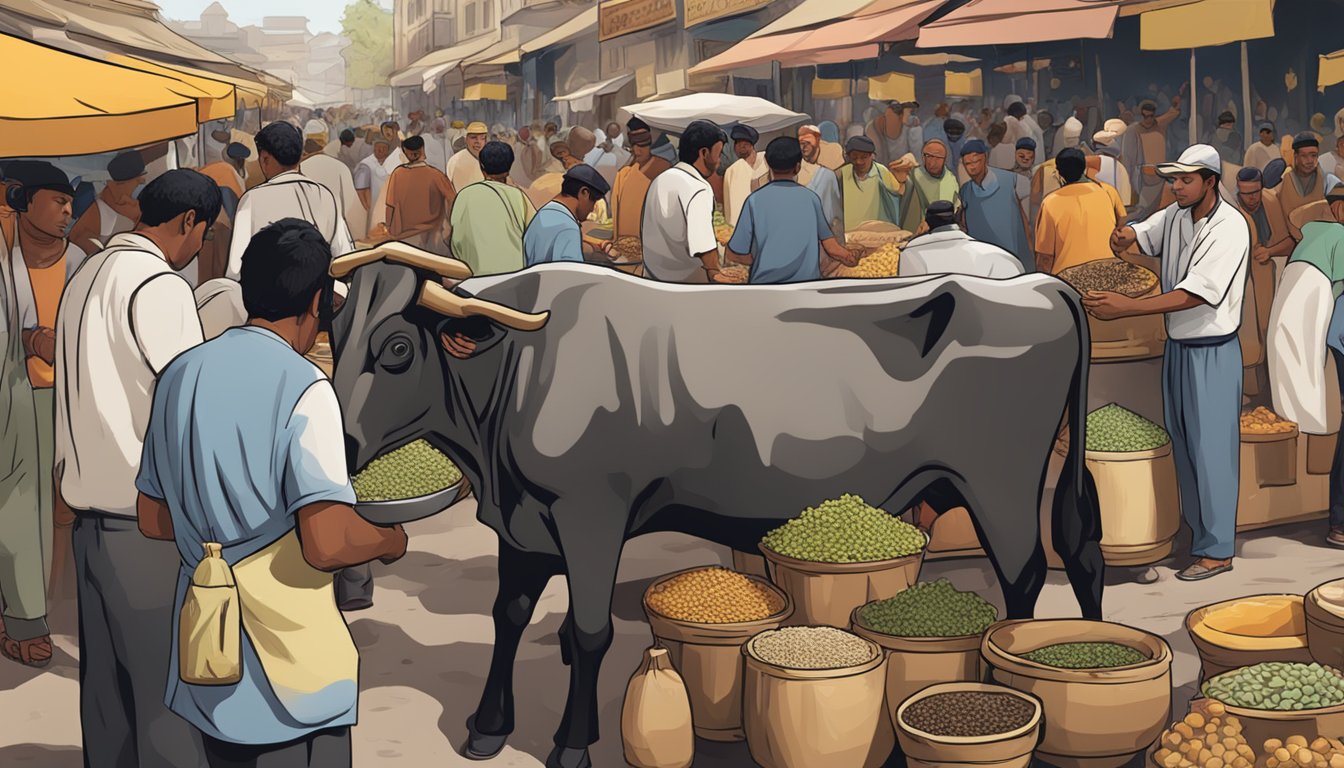 A zebu hump being prepared and served in a bustling marketplace