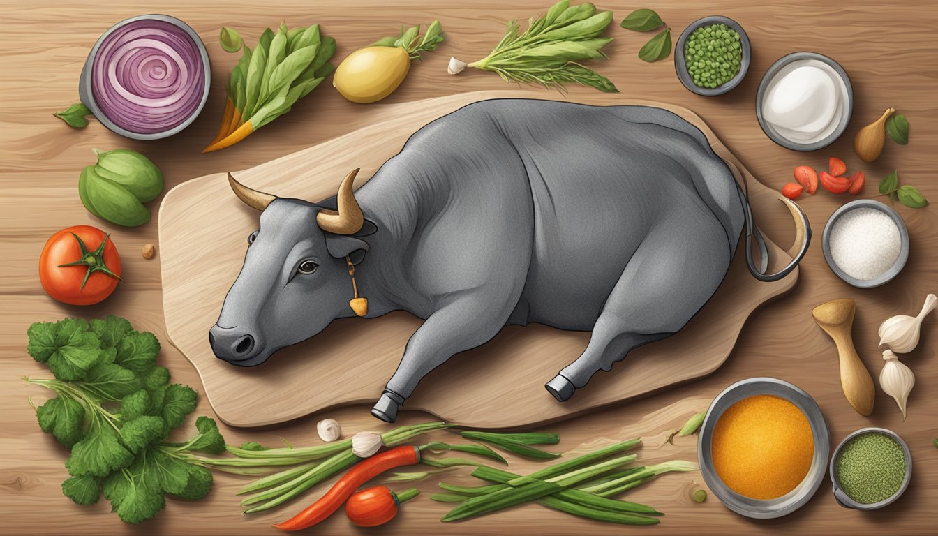 An ox penis resting on a wooden cutting board, surrounded by various cooking ingredients and utensils