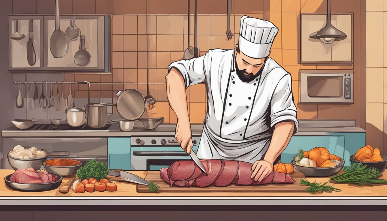 A chef slicing and preparing an ox penis for an unusual culinary dish