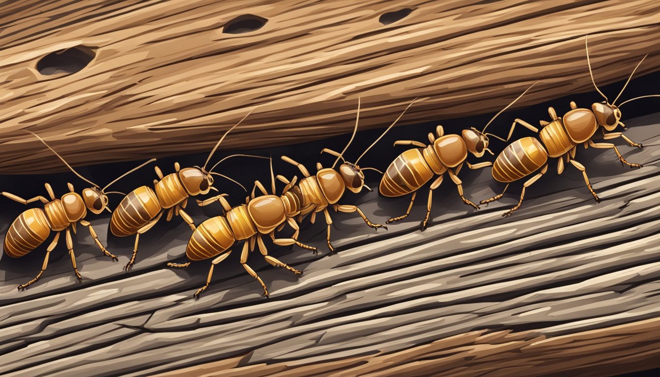 A close-up of termites crawling on a piece of wood, with a focus on their unique body structure and texture