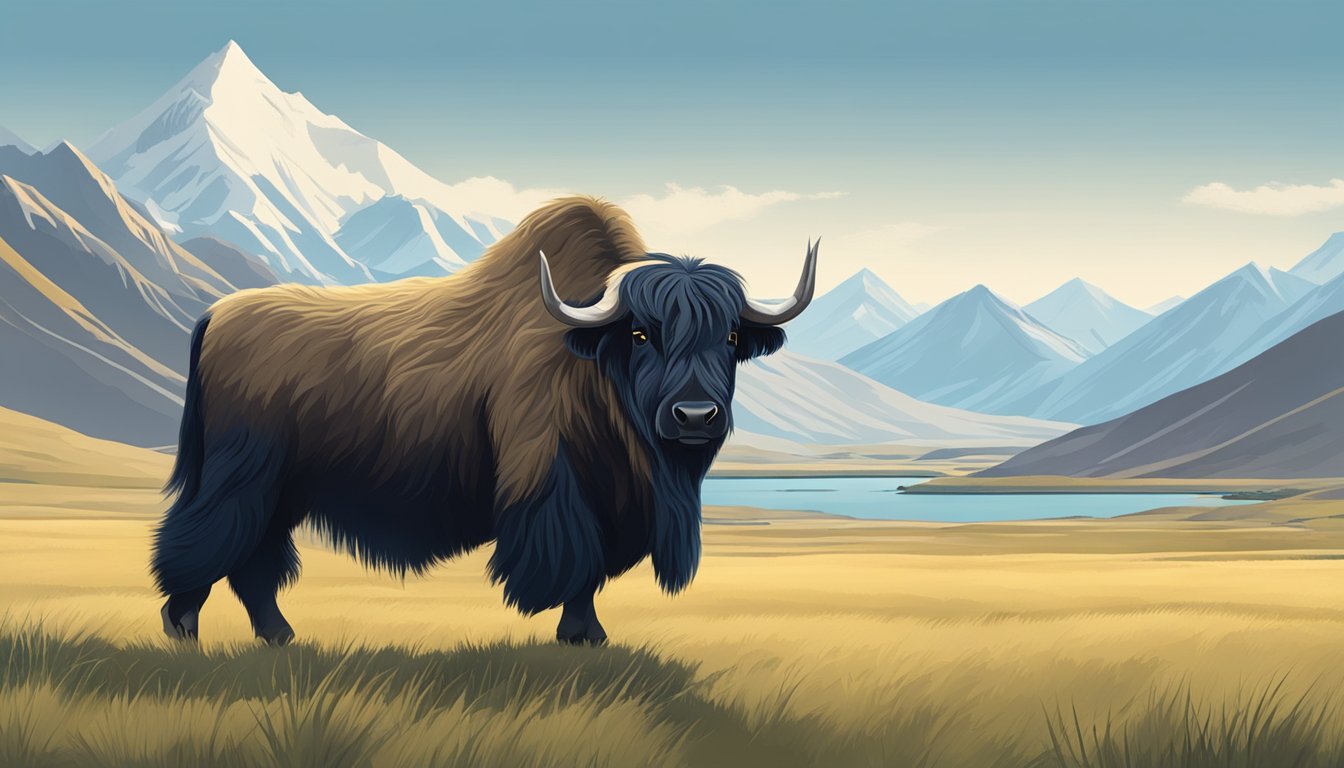 A yak standing on a grassy Tibetan plateau, with mountains in the background