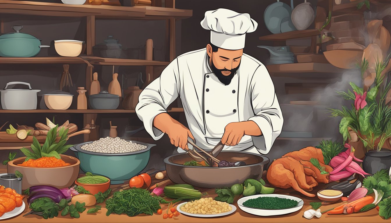 A chef preparing ox penis for a traditional dish, surrounded by various exotic ingredients and cooking utensils