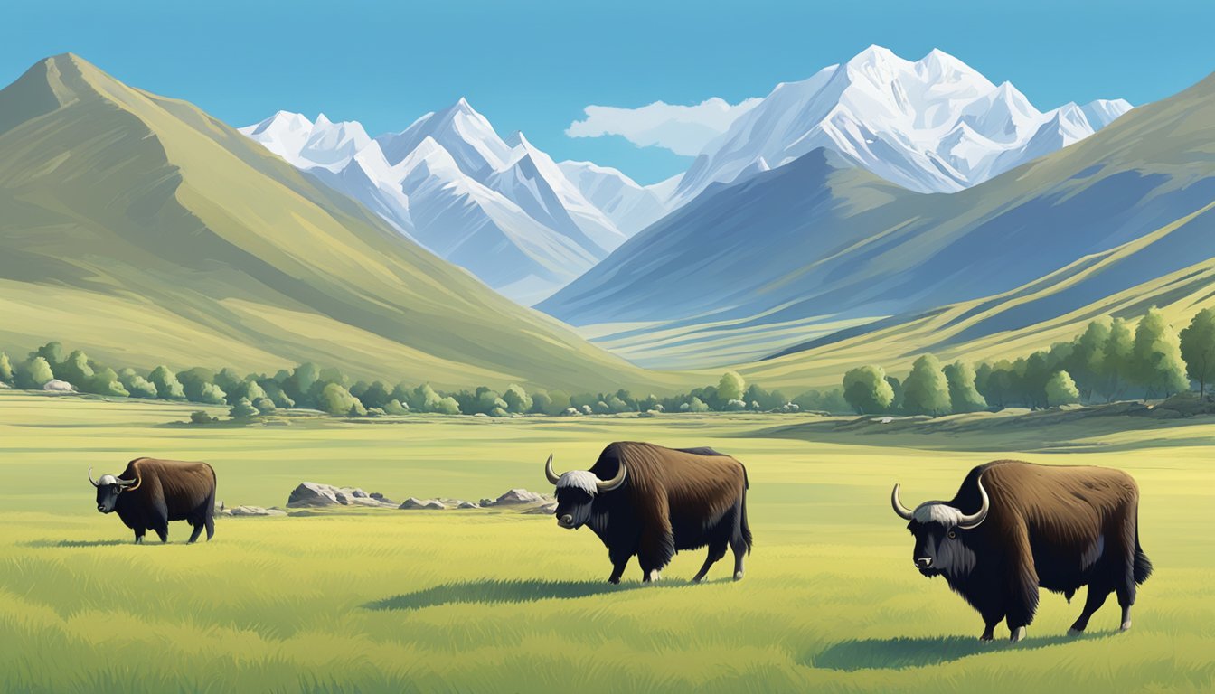 A Tibetan landscape with grazing yaks, mountains in the background, and a clear blue sky