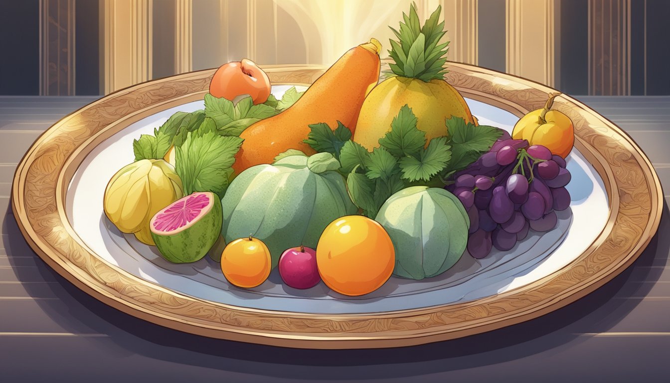 An ox penis being served on a plate surrounded by exotic fruits and vegetables, with a spotlight shining on the unusual dish