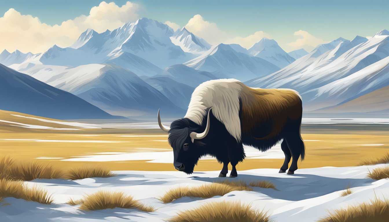 A yak grazing on a grassy Tibetan plateau, with snow-capped mountains in the background