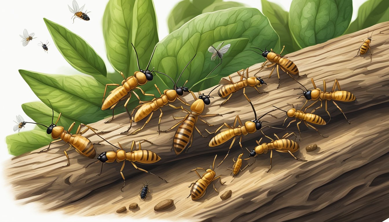 A group of termites crawling on a piece of wood, surrounded by green foliage and tiny insects