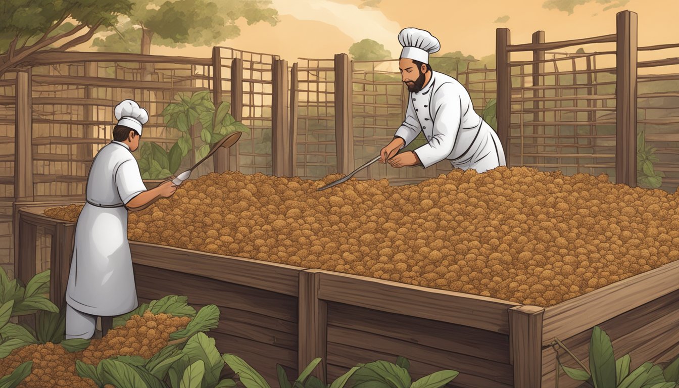 Termites swarming around a wooden structure, with a chef collecting them for sustainable insect protein in the culinary world