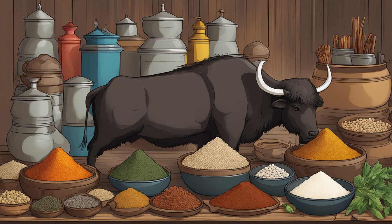 A Tibetan market stall displays fresh yak meat, surrounded by traditional spices and cooking utensils