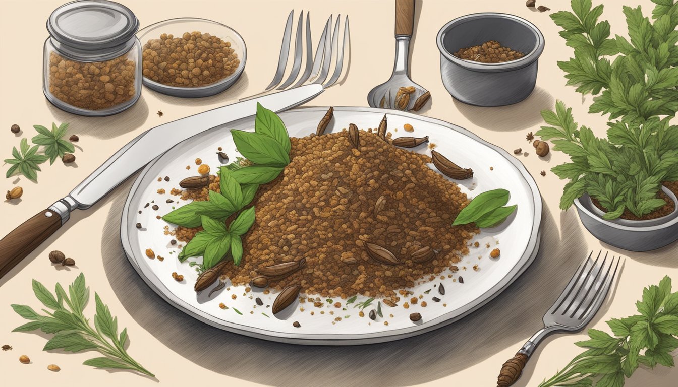 A plate of cooked termites surrounded by herbs and spices, with a chef's knife and fork nearby