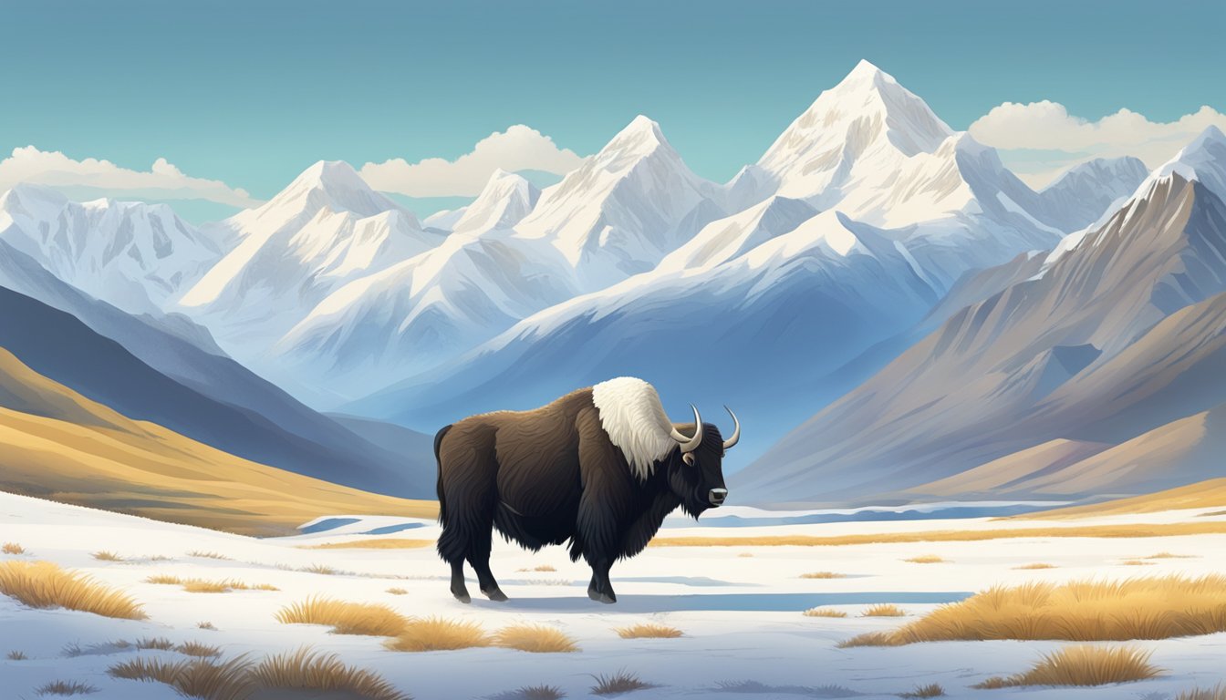 A yak grazing in a vast, grassy Tibetan plateau, with snow-capped mountains in the background