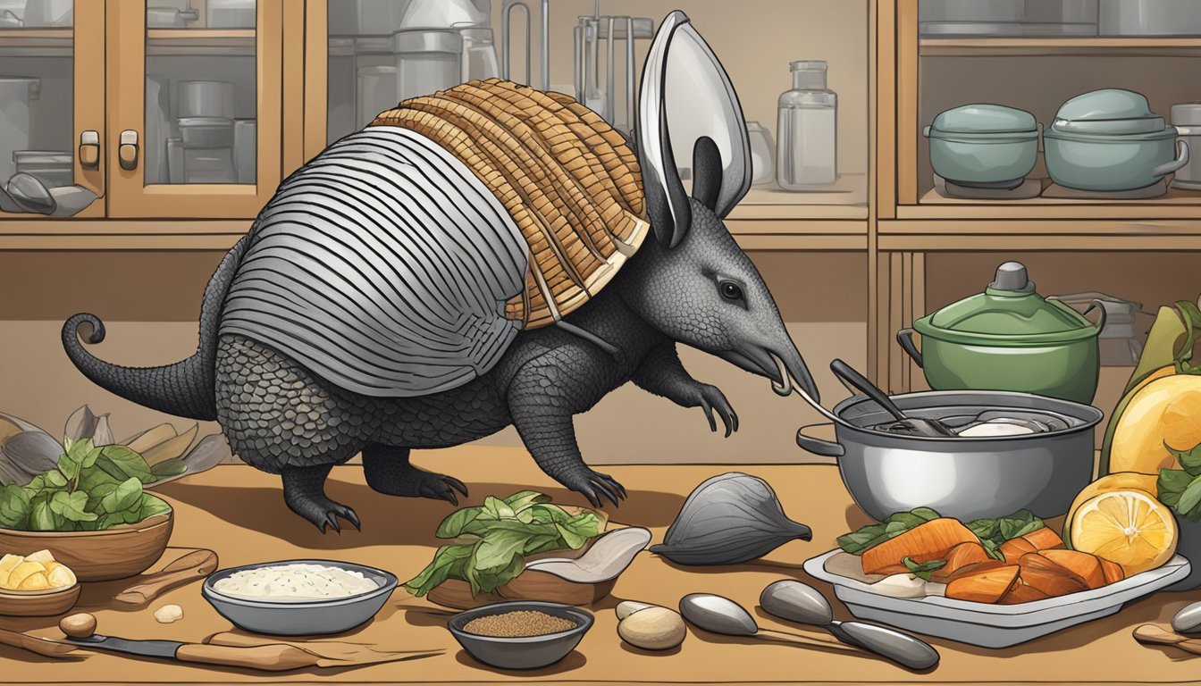 An armadillo being prepared for cooking, surrounded by cooking utensils and ingredients