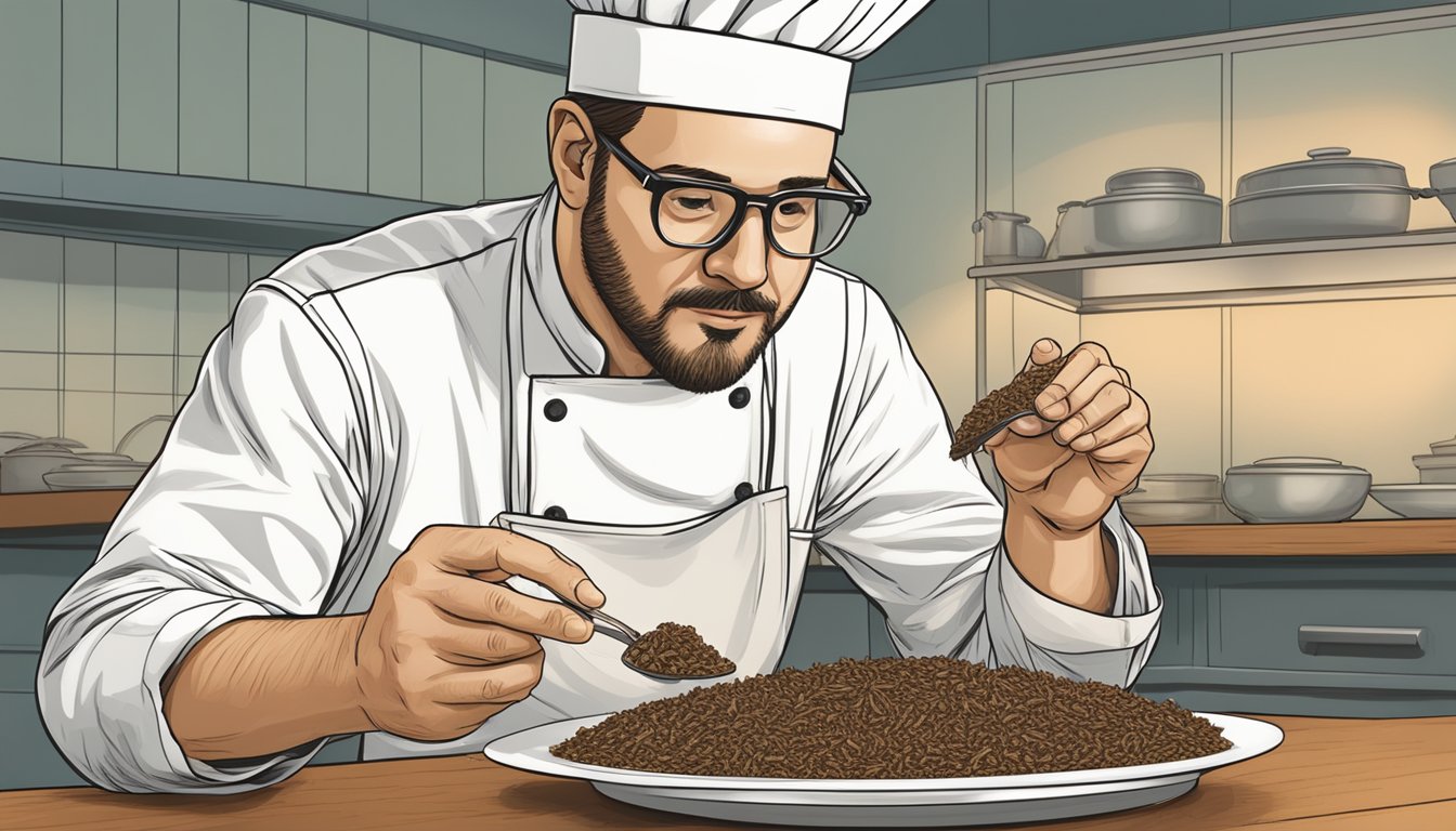 A chef inspecting a plate of termites as a sustainable insect protein option, with a focus on regulatory and safety considerations