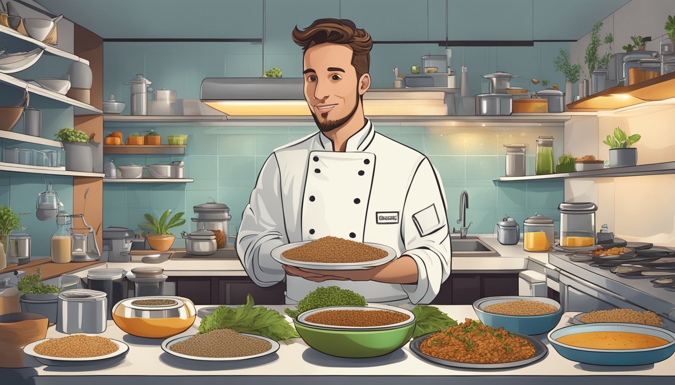 A chef holds a plate of gourmet termite dishes, surrounded by a futuristic kitchen filled with sustainable insect protein ingredients