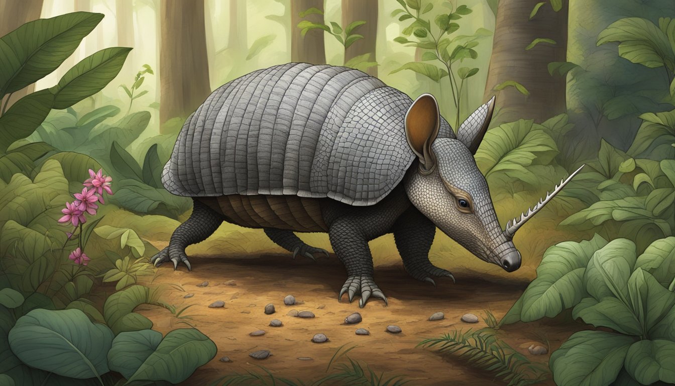 An armadillo foraging for insects in a lush forest clearing, surrounded by diverse plant life and small critters