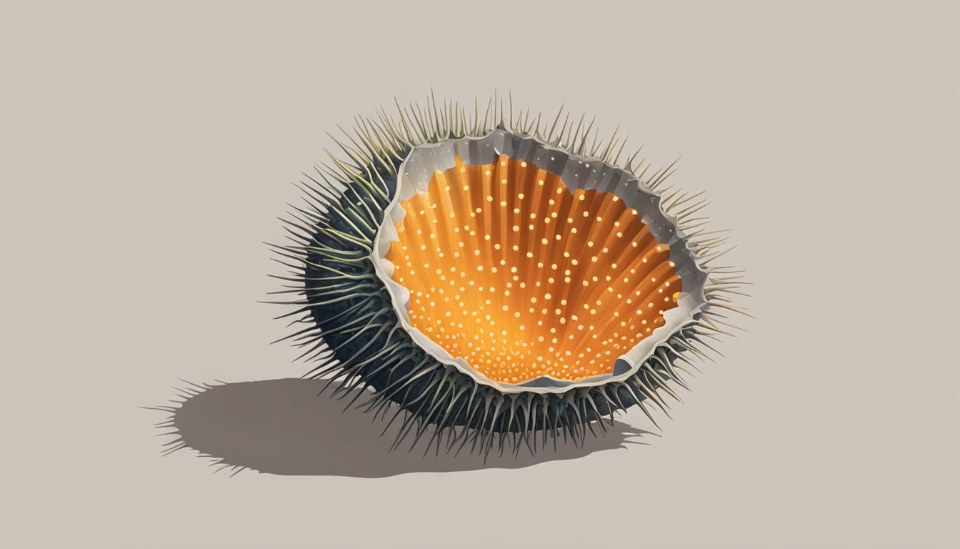 A sea urchin cracking open its shell to reveal its vibrant orange insides