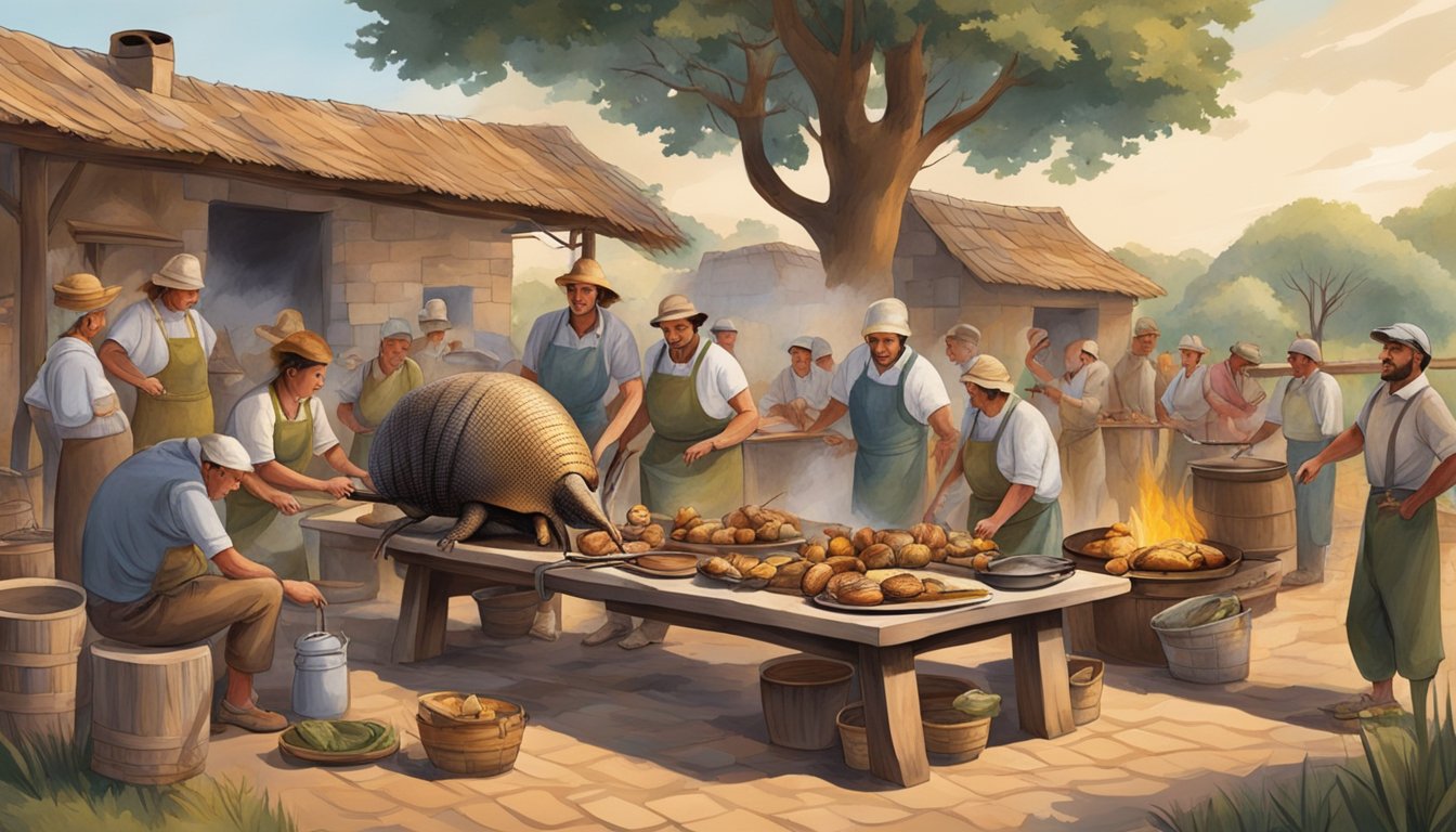 An armadillo being prepared and cooked over an open fire in a traditional outdoor kitchen, surrounded by a group of people in a rural village