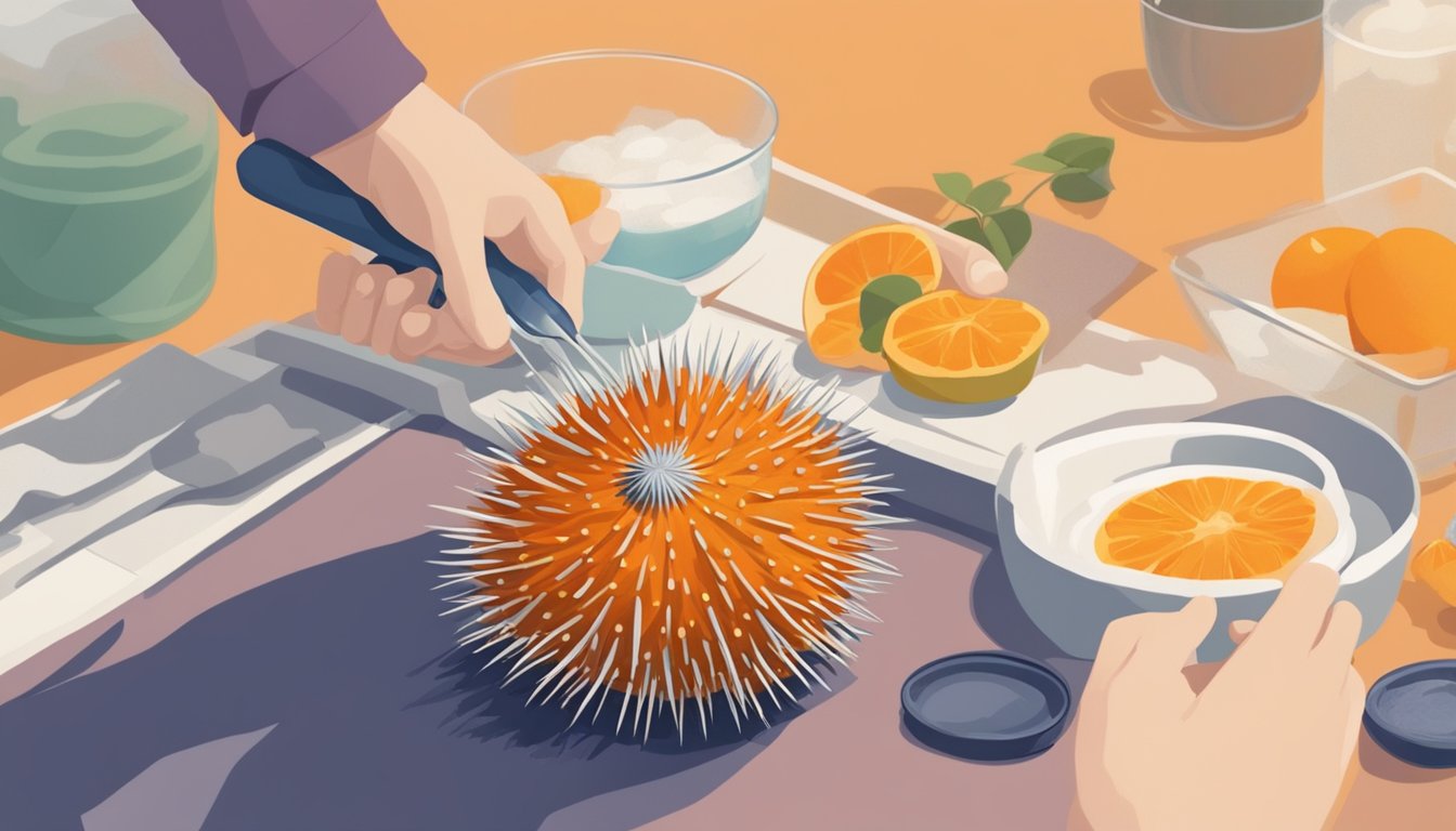 A person delicately scoops out the bright orange flesh of a sea urchin from its spiky shell, savoring the unique taste