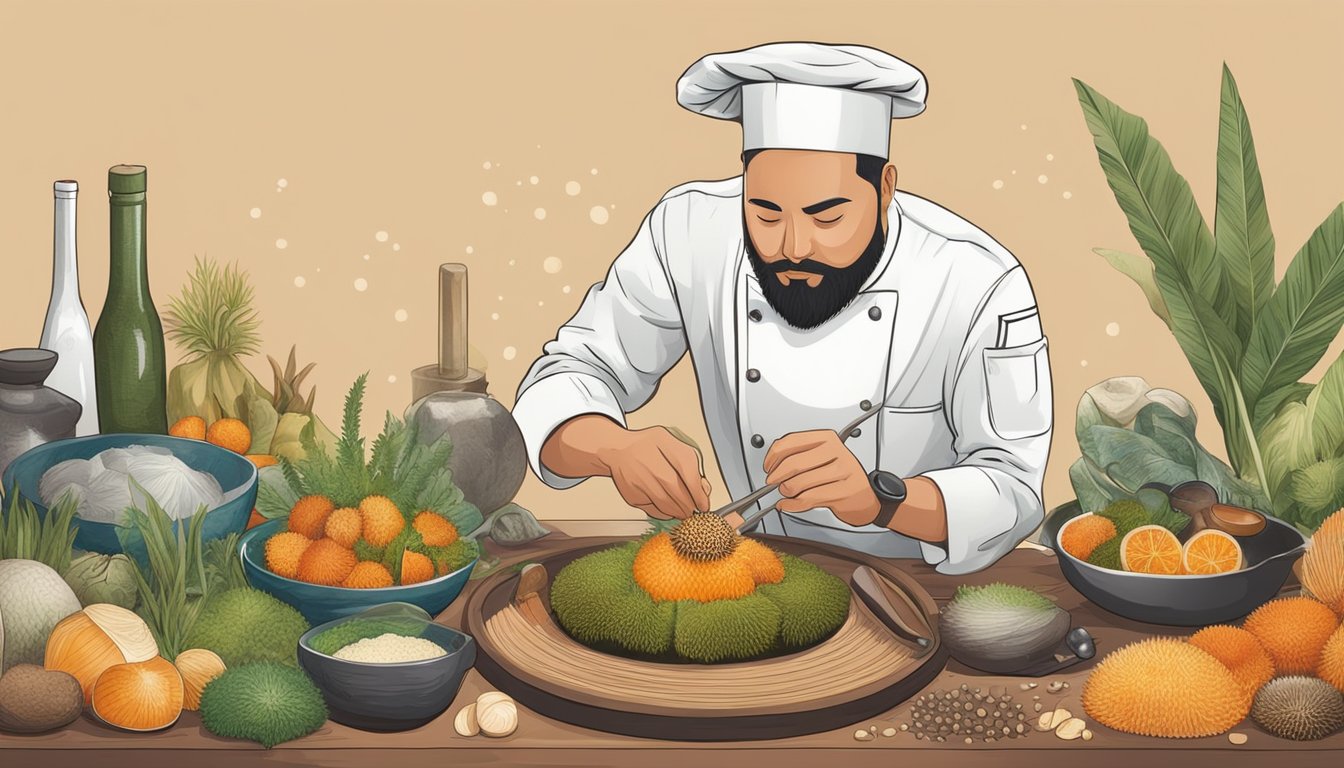 A chef carefully prepares a sea urchin delicacy, surrounded by various exotic ingredients and tools for pairing