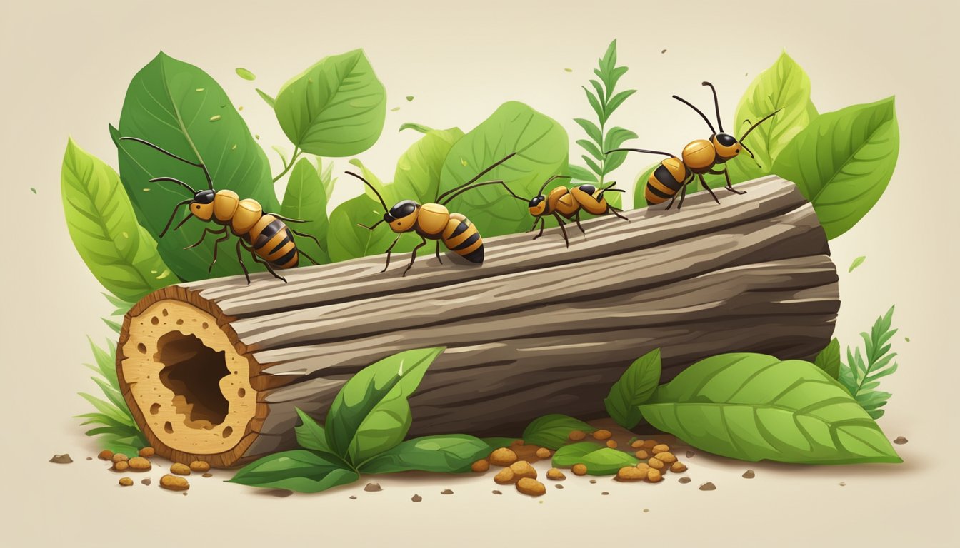 Termites crawling out of a wooden log, surrounded by green leaves and a few scattered crumbs