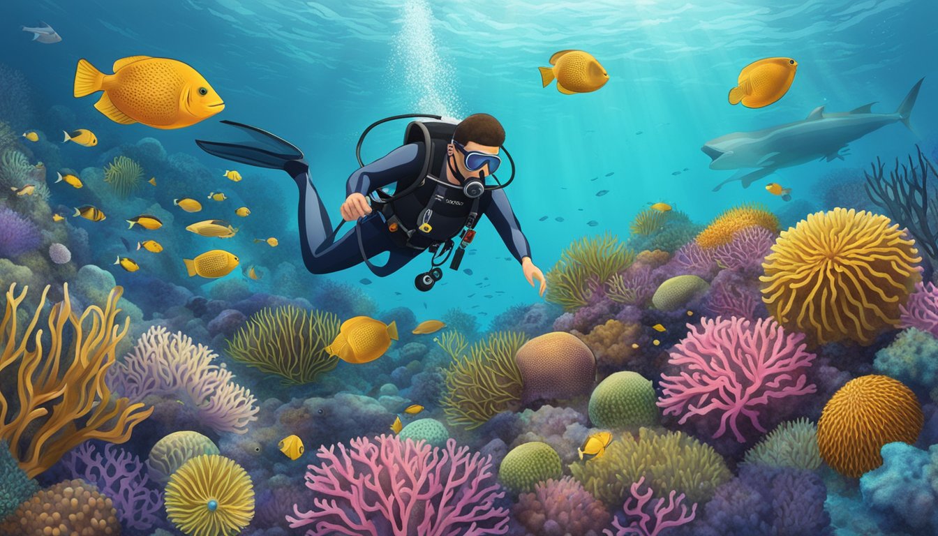 A diver carefully collects sea urchins from a vibrant coral reef, surrounded by diverse marine life