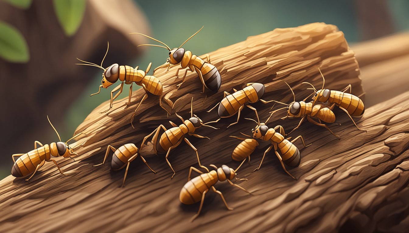 A close-up of termites crawling on a piece of wood, with a focus on their crunchy texture and earthy brown color