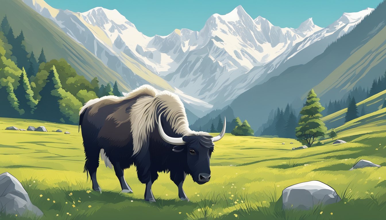 A yak grazing in a lush Himalayan meadow, with snow-capped peaks in the background