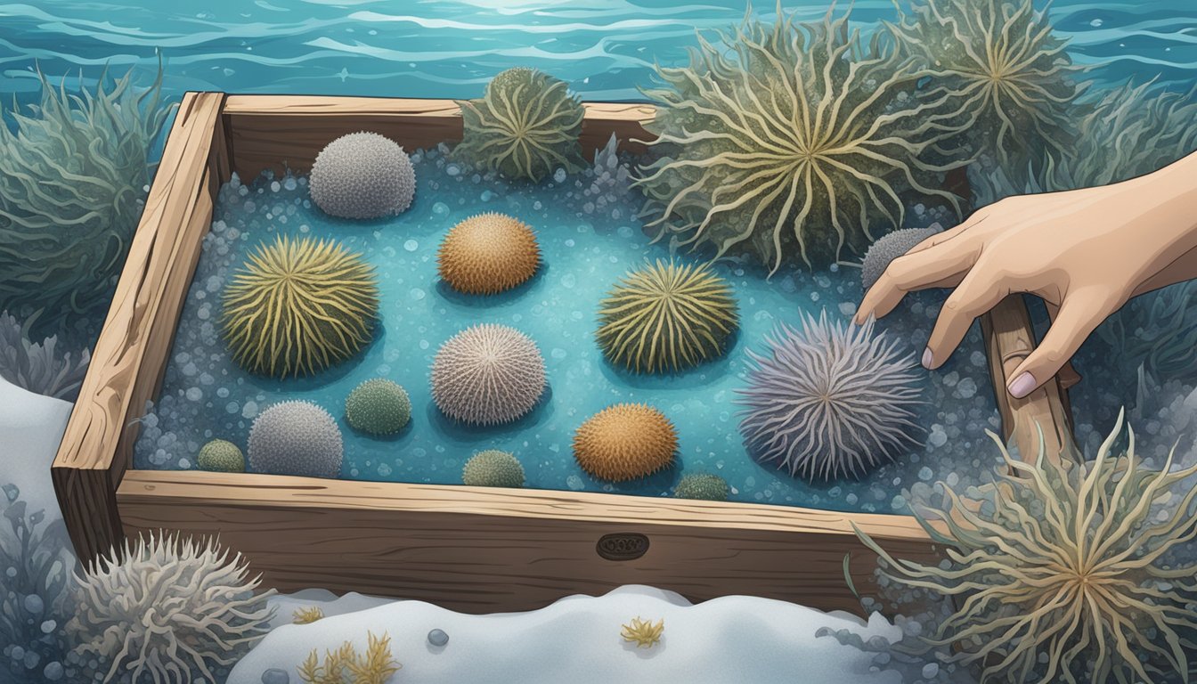 A hand reaching into a wooden crate filled with spiky sea urchins, surrounded by ice and seaweed