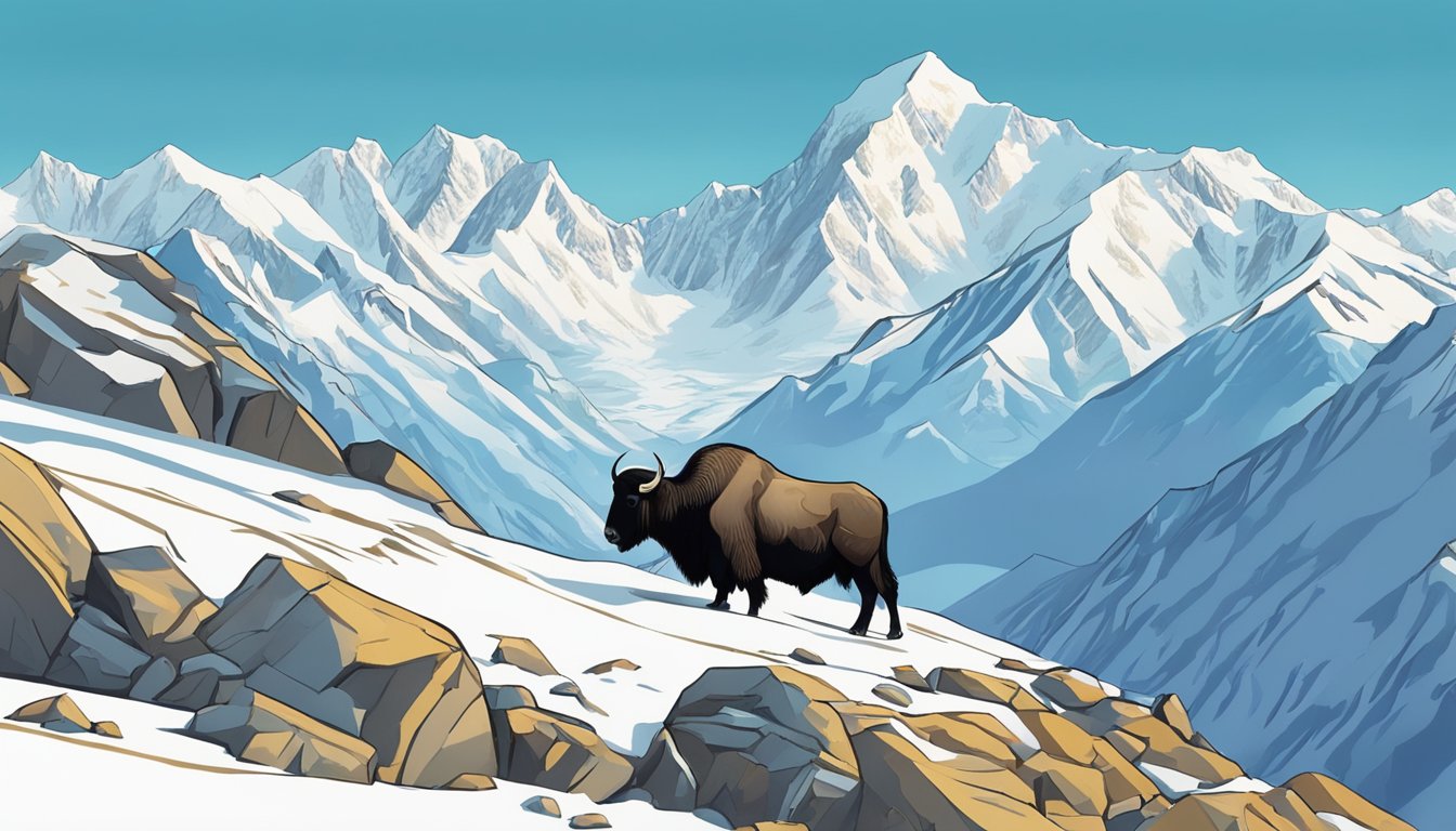 An illustration of a yak grazing on a lush Himalayan mountainside, with a clear blue sky and snow-capped peaks in the background