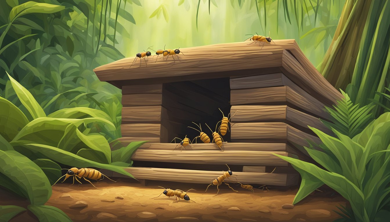 A group of termites crawling in and out of a wooden structure, surrounded by lush green vegetation