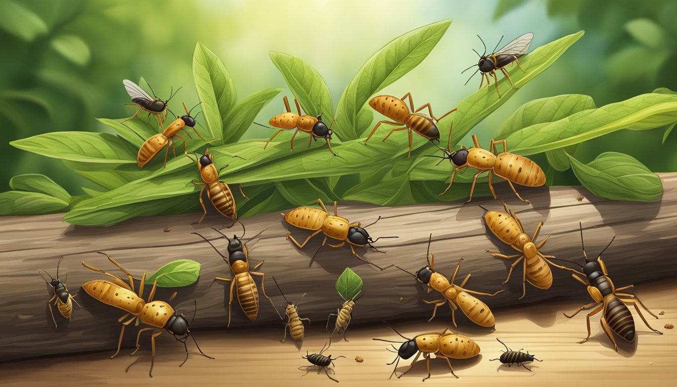 A group of termites crawling on a piece of wood, surrounded by green leaves and other insects