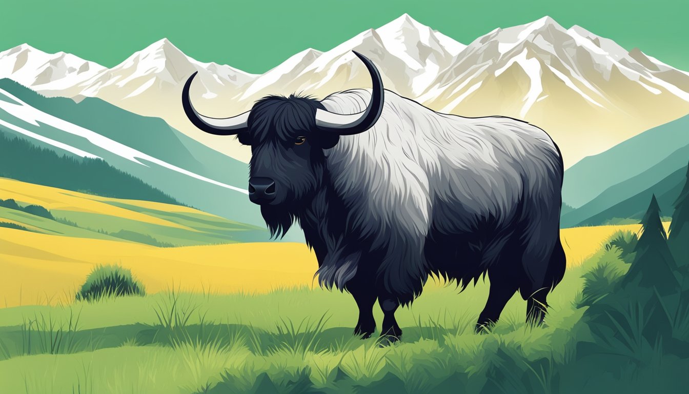 A yak grazing on a lush, green mountainside, surrounded by snow-capped peaks