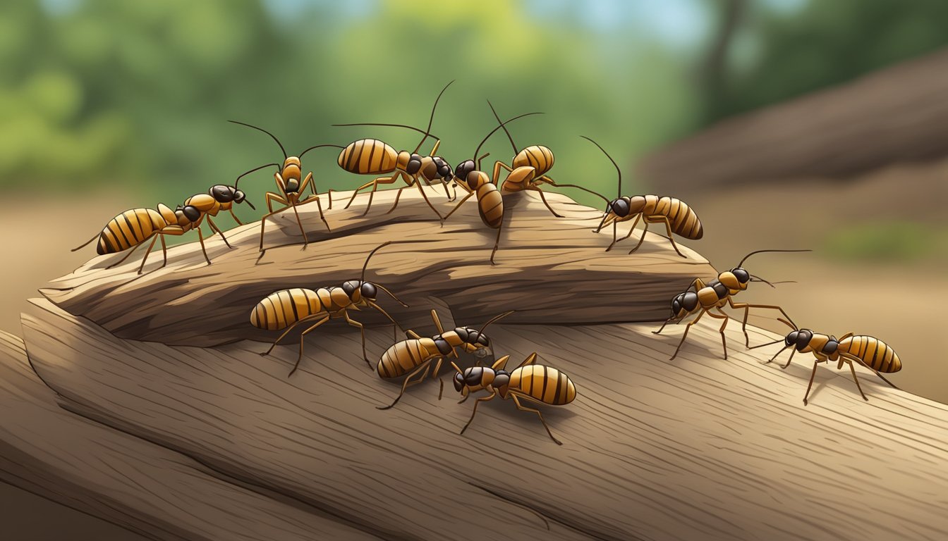 A group of termites crawling on a piece of wood, with one being lifted up by another termite