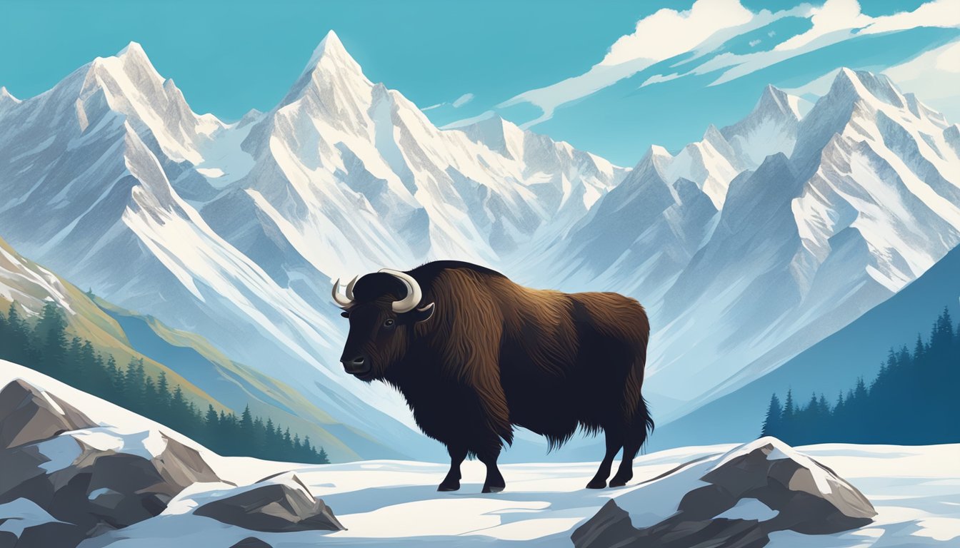 A yak grazing on a lush Himalayan mountainside, surrounded by snow-capped peaks and a clear blue sky