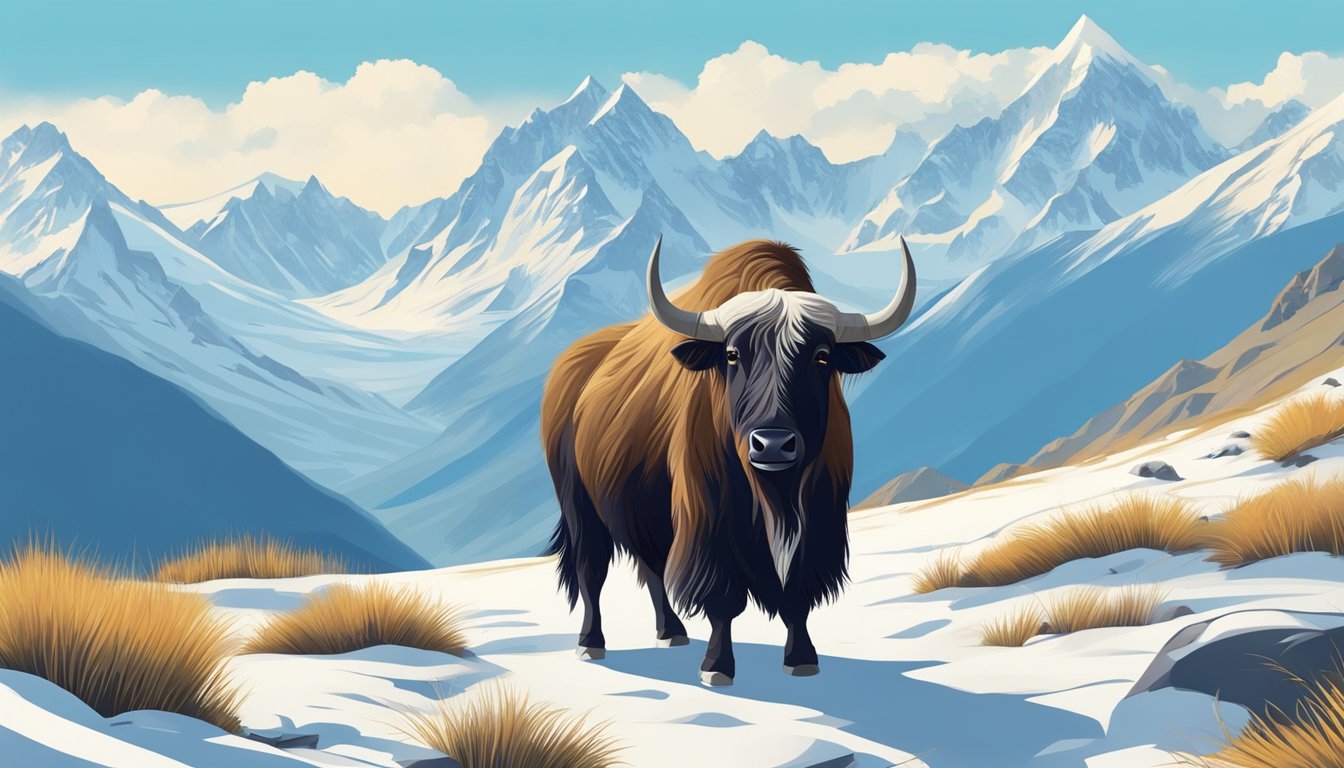 A yak grazing on a lush Himalayan mountainside, surrounded by snow-capped peaks and a clear blue sky