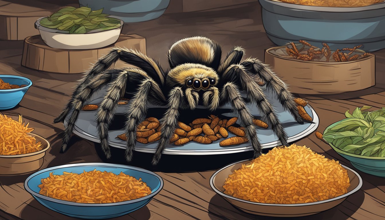 A Cambodian market stall displays a live tarantula next to a plate of fried spiders, showcasing the country's unique culinary culture