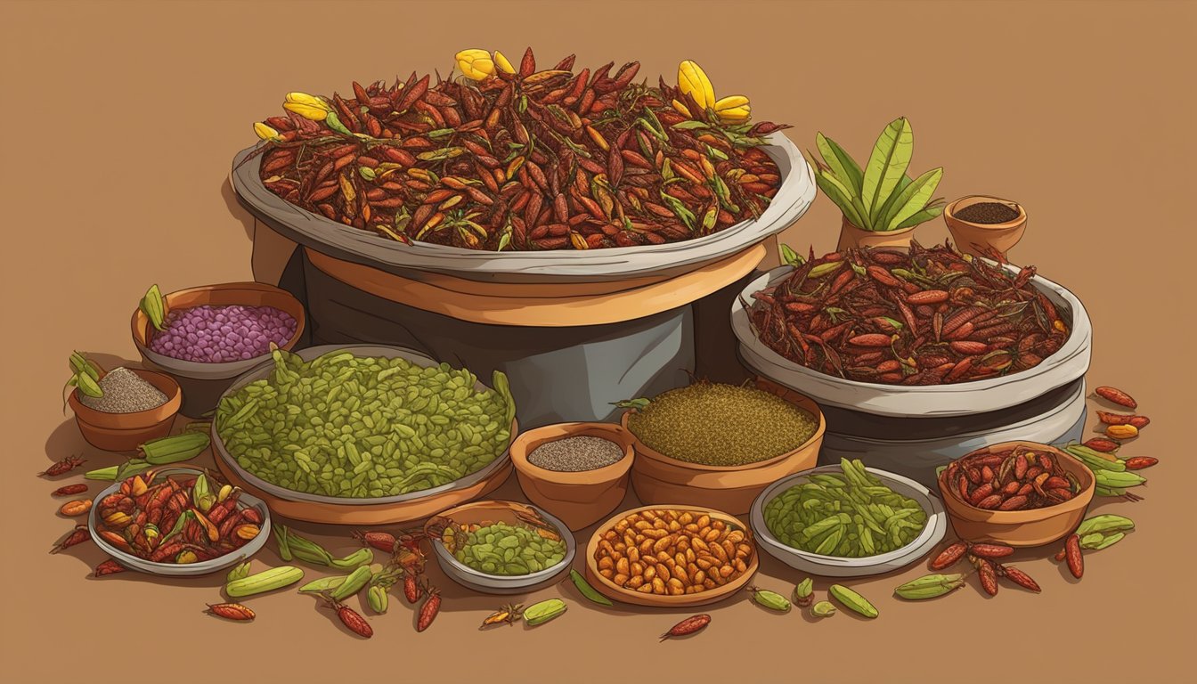 A colorful market stall displays an assortment of chapulines, showcasing Mexico's traditional seasoned grasshoppers