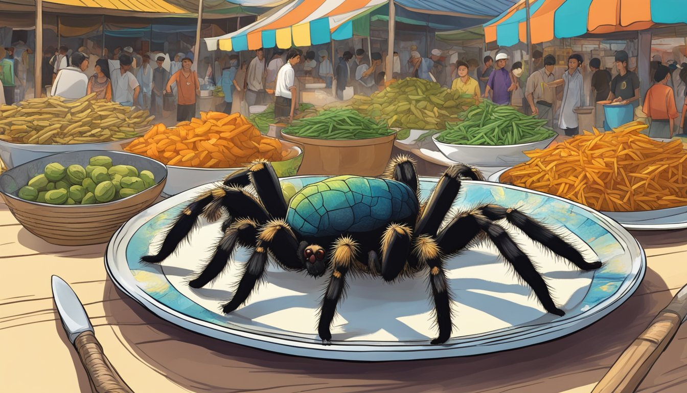 A tarantula being presented on a plate surrounded by vibrant Cambodian market stalls