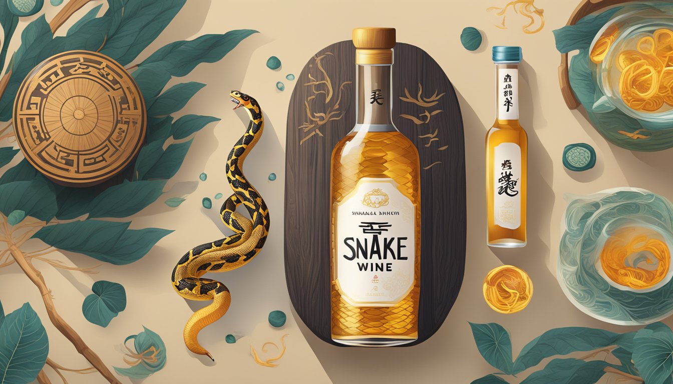 A bottle of snake wine sits on a wooden table surrounded by traditional Asian decor. The snake inside the clear liquid is coiled, and the label features bold, exotic lettering