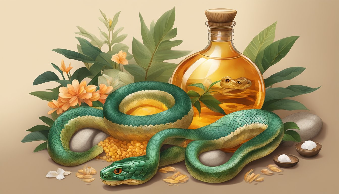 A glass bottle filled with coiled snake, submerged in amber-colored liquid, surrounded by traditional Asian decor and ingredients